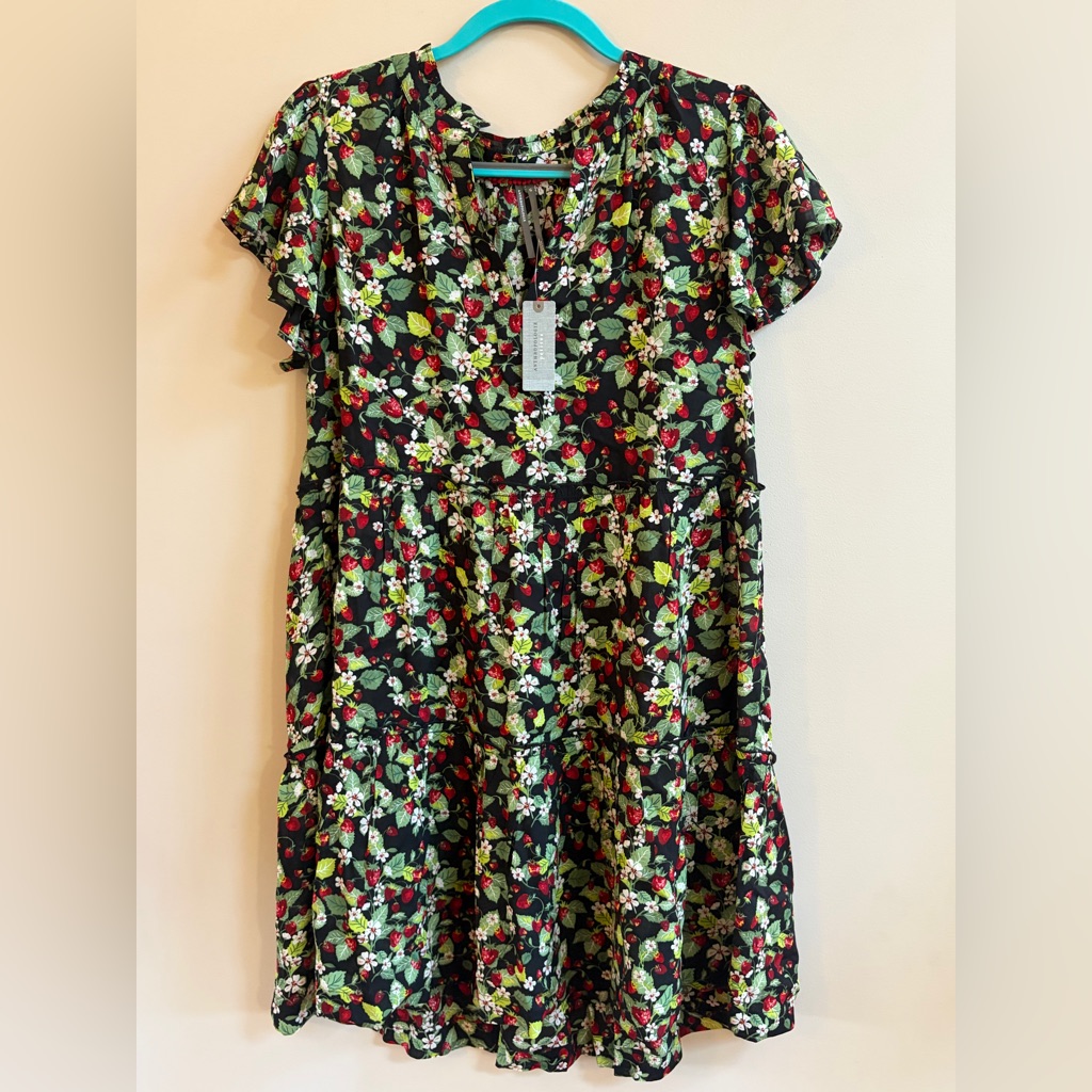 Nwt Anthropologie Strawberry Pattern Red & Black Short Ruffle Sleeve Mini Dress